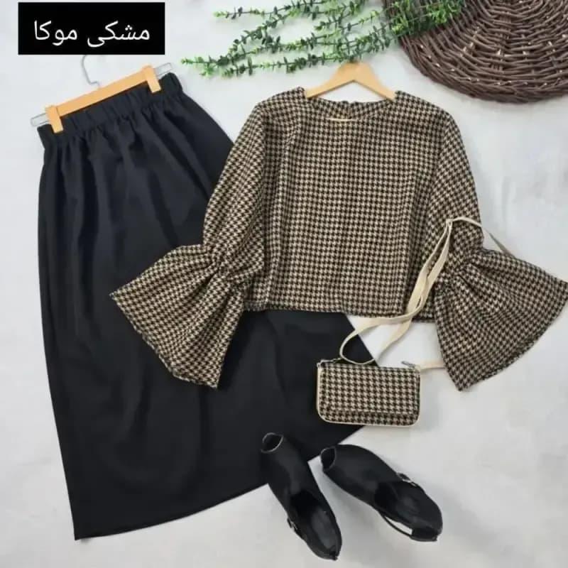 ست دامن مازراتی و شنل موهر فری سایز رنگ سفید مشکی و مشکی شکلاتی — تصویر ۲