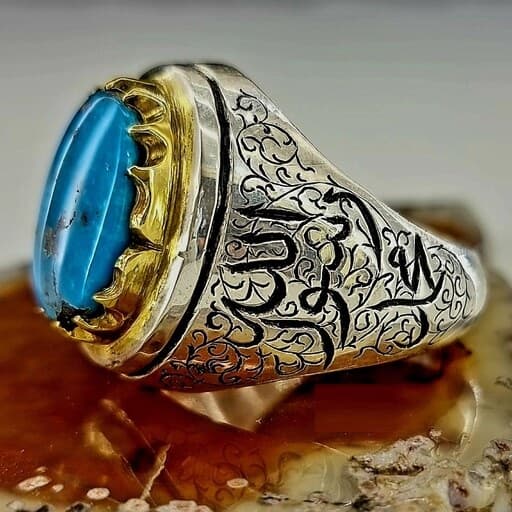 انگشتر مردانه فیروزه اصل نیشابوری طبیعی سنگ سیاه رنگ محک رکاب نقره 925 دست ساز