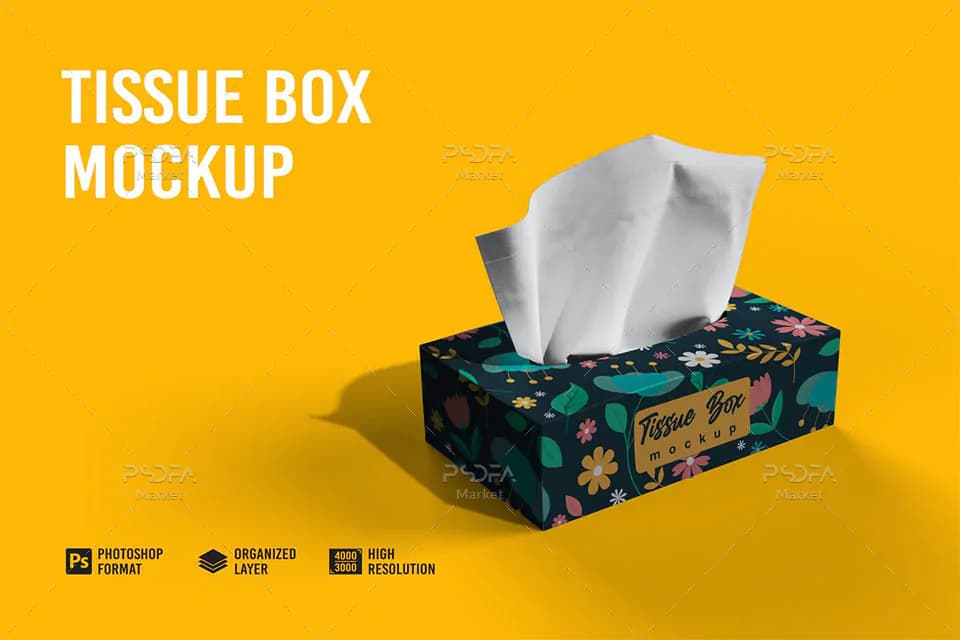 موکاپ جعبه دستمال کاغذی در 3 نما و حالت مختلف برای فتوشاپ