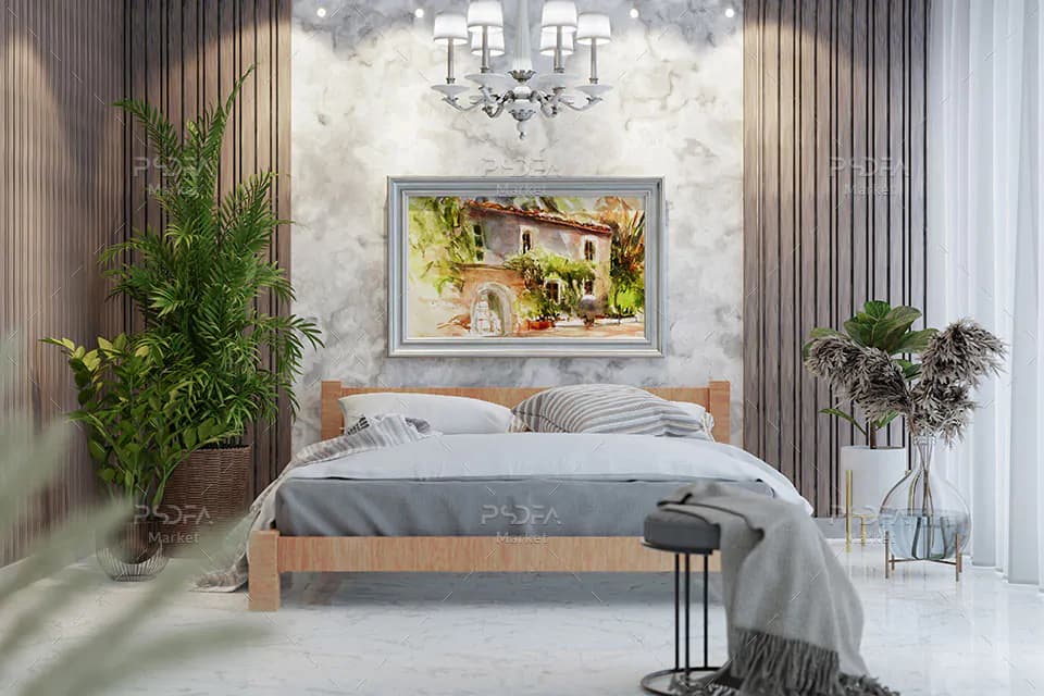 موکاپ قاب عکس مستطیل چوبی اتاق خواب شیک و لاکچری برای فتوشاپ