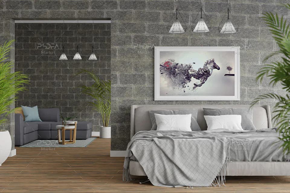 موکاپ قاب و تابلو عکس داخل اتاق خواب شیک و لاکچری برای فتوشاپ