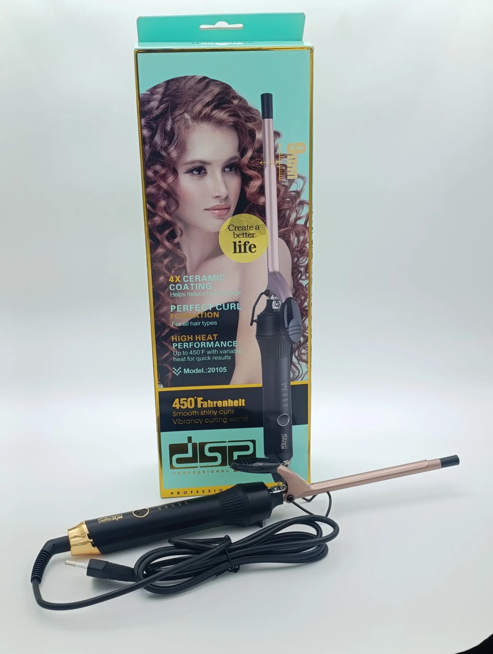 فر کننده مو میلهای ۹ میلیمتر دی اس پی dsp مدل 20105 | بابلیس فر ریز، فنری و آفریقایی، دمای ۲۵۰ تا ۴۵۰ فارنهایت و سیم ۲ متری چرخشی (اورجینال)