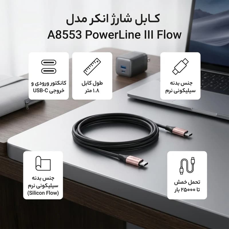 کابل شارژ و دیتا تایپ سی به تایپ سی انکر کد b292