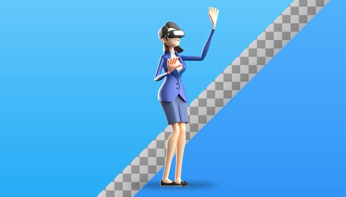 تصویر PNG کاراکتر سه بعدی دختر جوان تاجر و عینک VR