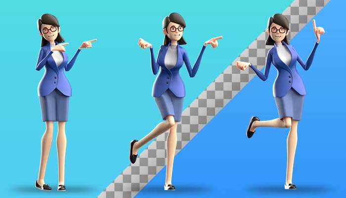 تصویر PNG کاراکتر سه بعدی زن جوان تاجر و اشاره کردن