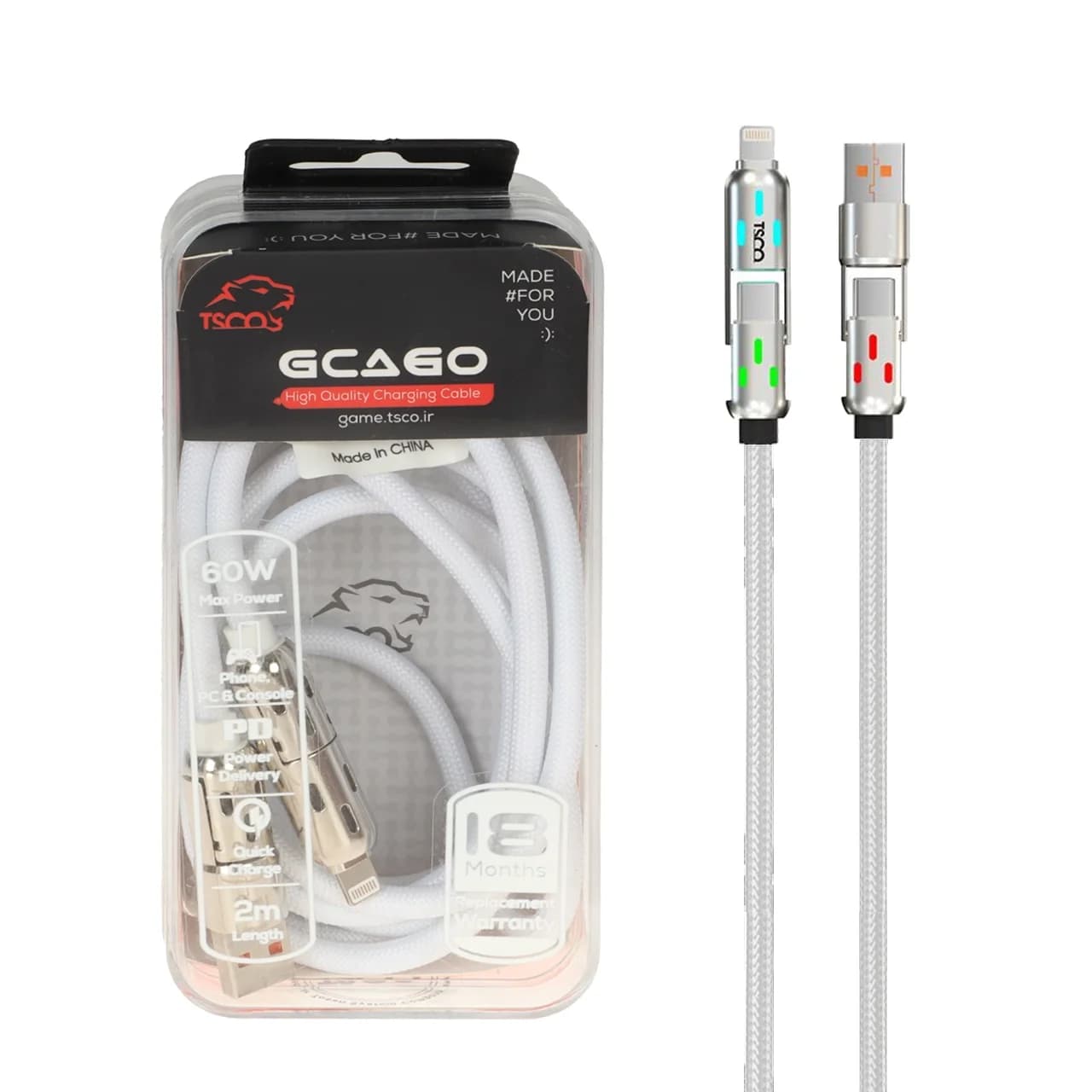 کابل شارژ PD و فست 60W چهارکاره ( گیمینگ ) 2 متری TSCO مدل GCA60 – سفید (گارانتی 18 ماهه تسکو)