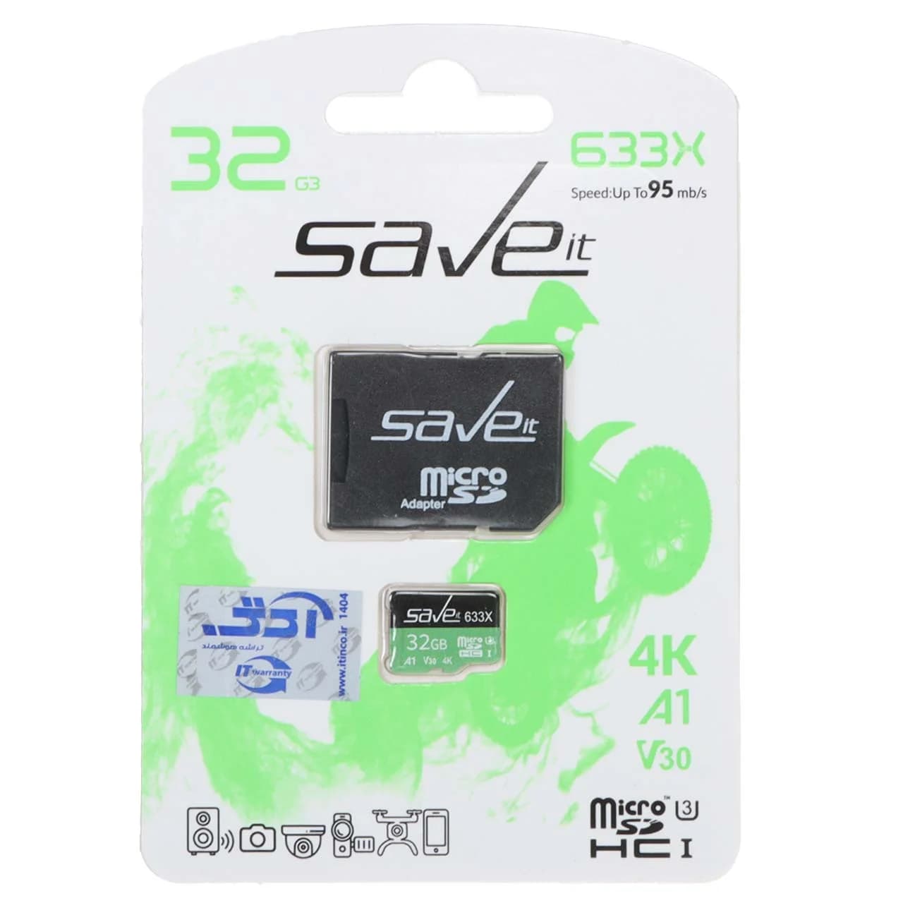 (گارانتی مادام العمر شرکت آی تین) Save it microSDHC & adapter U3 Class 10 633X -95MB/s – 32GB مشکی سبز