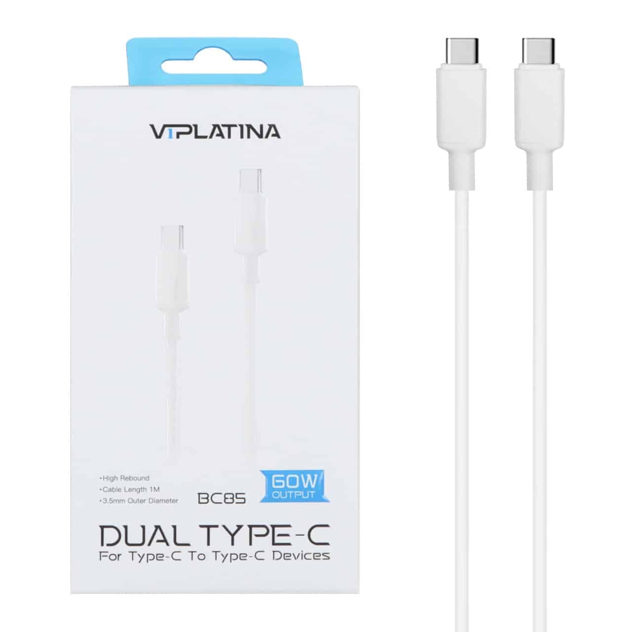 کابل شارژ فست VIPLATINA Type-C To Type-C مدل BC85 60W – سفید