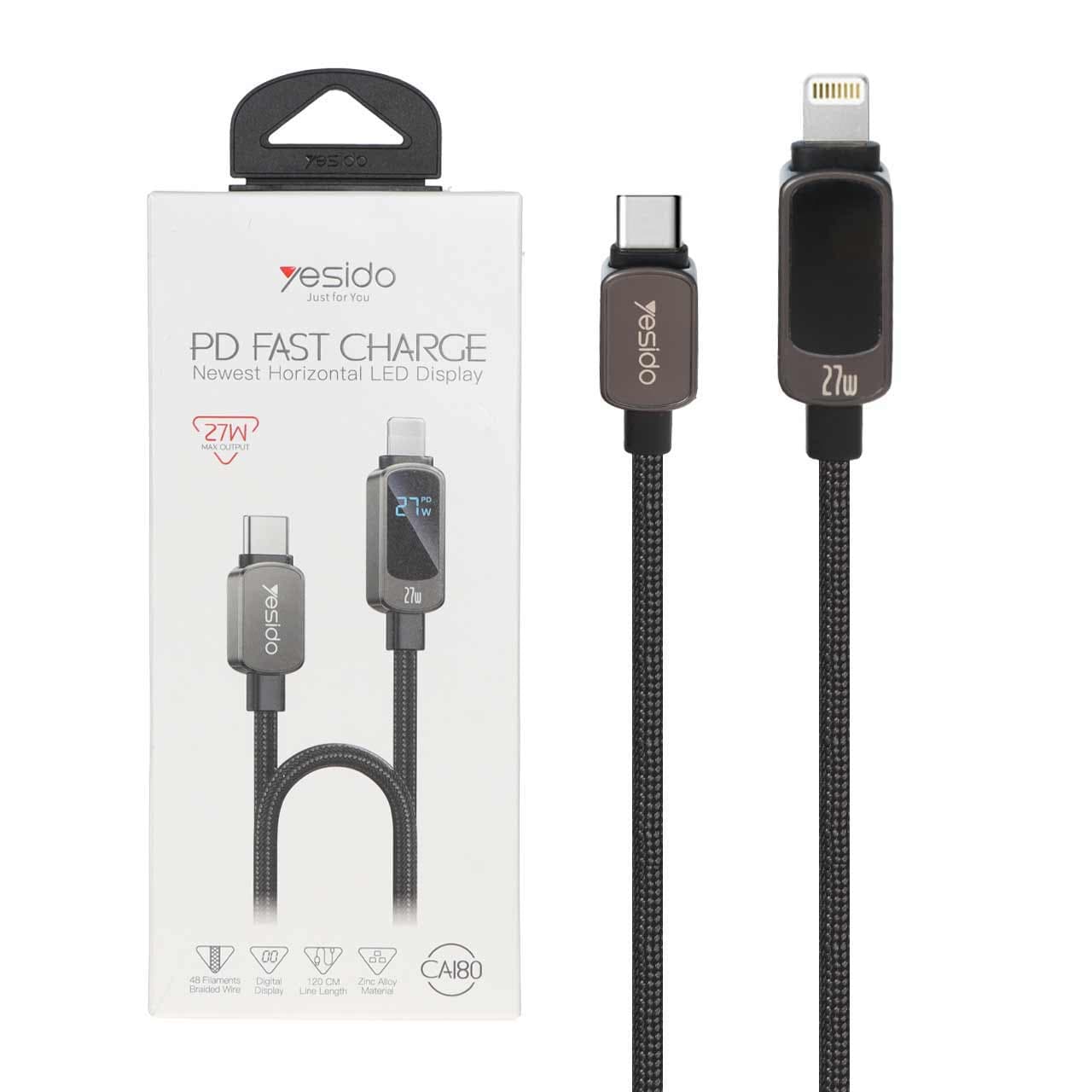 کابل شارژ 1.2 متری فست Yesido Type-C To Lightning دارای نمایشگر LED مدل CA180 27W – خاکستری (گارانتی 12 ماه تعویض نیکان همراه)