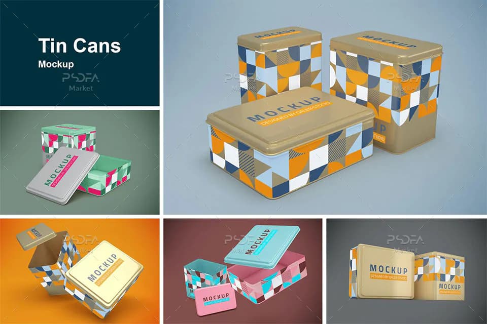 موکاپ قوطی حلبی مکعبی مواد غذایی در 3 سایز و نماهای مختلف