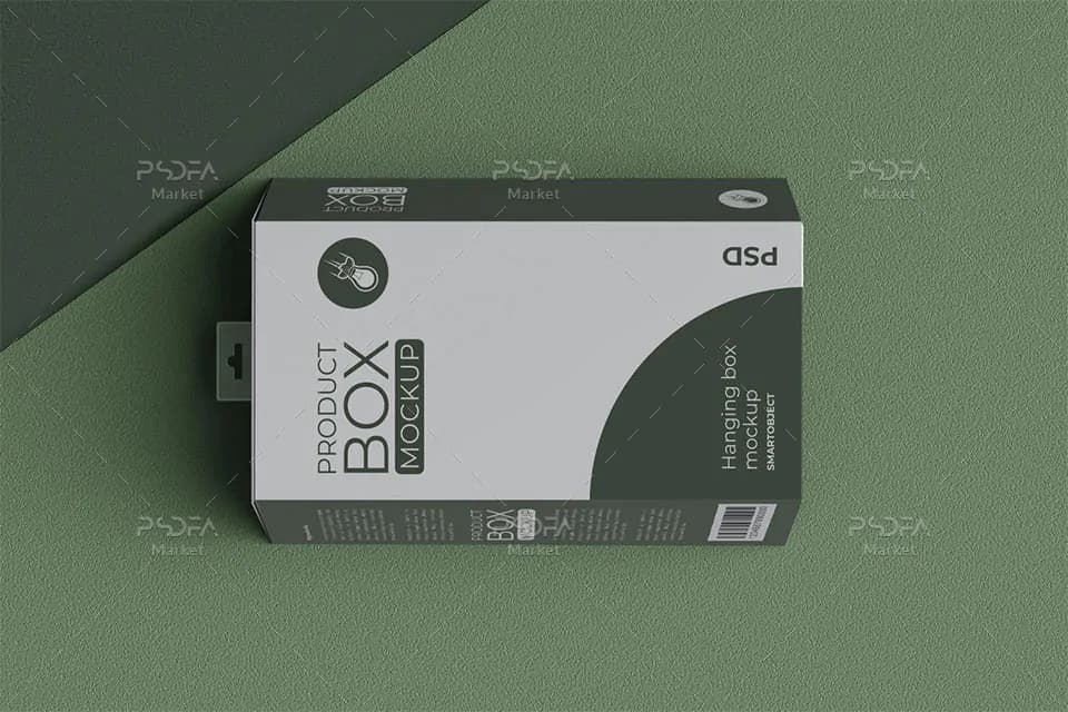 موکاپ جعبه و کارتن محصول آویز دار سه بعدی 3D در 4 نما و حالت مختلف