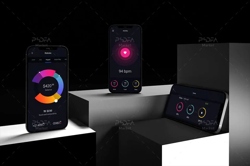 موکاپ آیفون iPhone روی سطوح در حالت و نماهای مختلف برای فتوشاپ — تصویر ۵