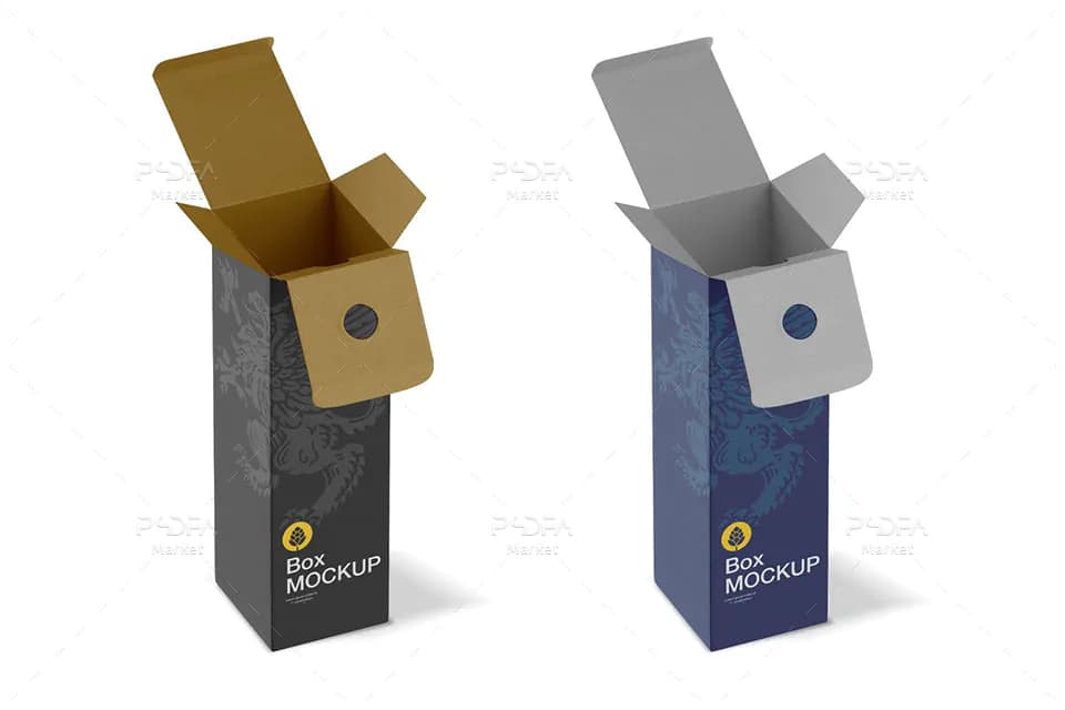 موکاپ جعبه و کارتن کاغذی قطره چکان و بطری دارو قابل ویرایش در فتوشاپ