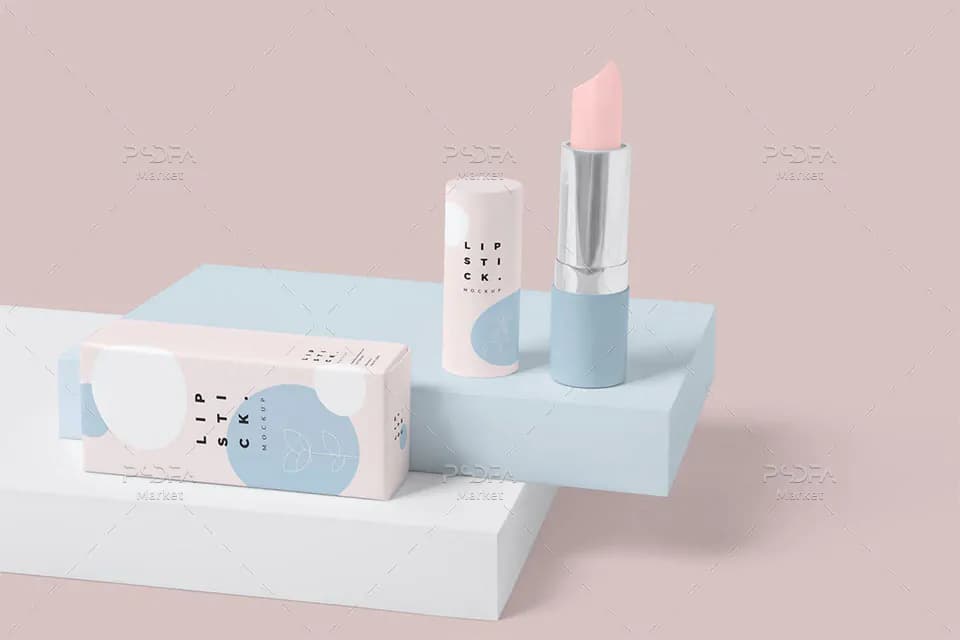 موکاپ رژ لب آرایشی با کارتن و جعبه در نماهای مختلف برای فتوشاپ