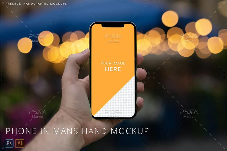 موکاپ آیفون 12 پرو در دست با بک گراند بوکه iPhone 12 Pro Mockup