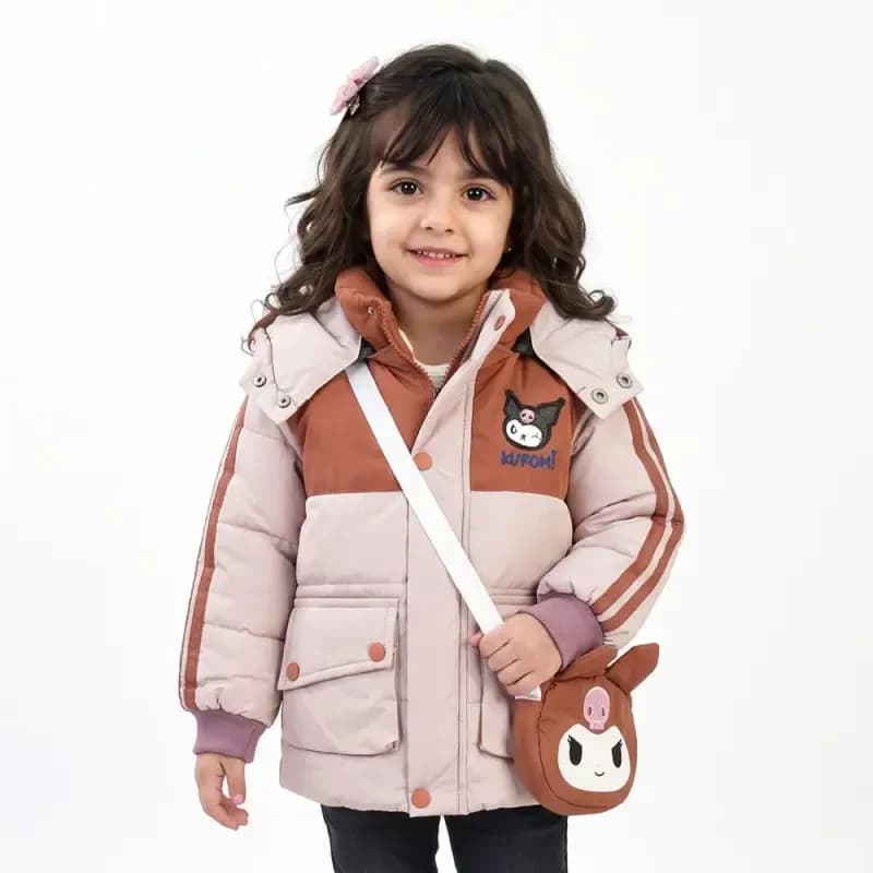 کاپشن دخترانه کرومی کیفدار صورتی داخل خز کلاهدار