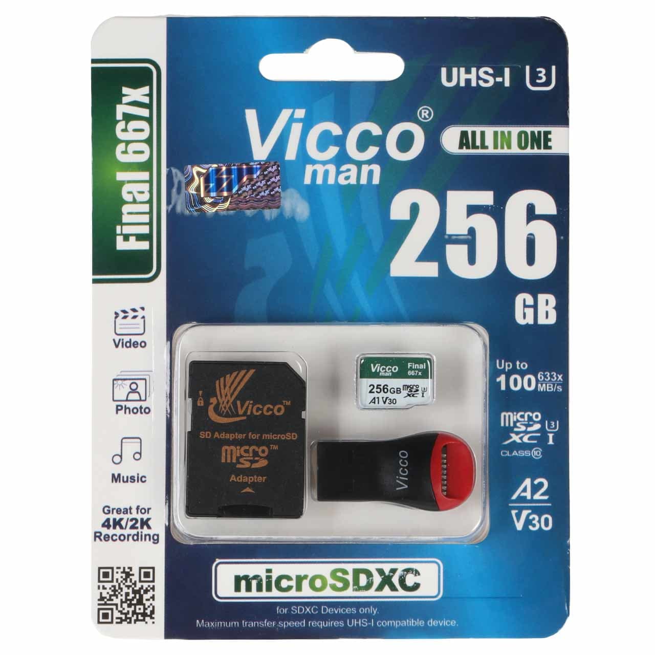 کارت حافظه micro SDXC ویکومن مدل 667X Plus کلاس 10 استاندارد UHS-I U3 سرعت 100MB/s ظرفیت 256 گیگابایت به همراه کارت خوان