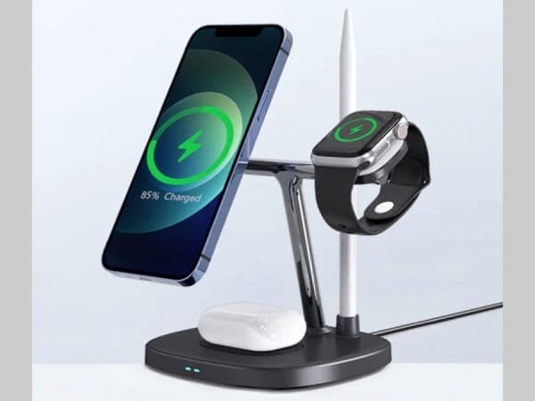 شارژر وایرلس رومیزی چهارکاره 15 وات گوشی آیفون، اپل واچ، قلم لمسی و ایرپاد ویوو M8 — تصویر ۴