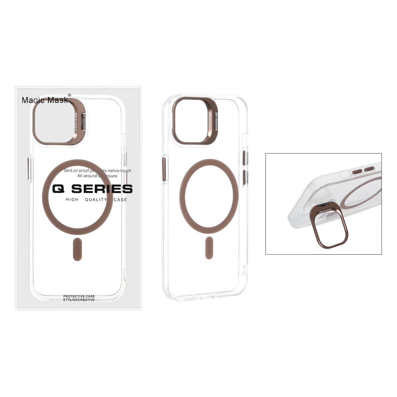 قاب اورجینال Q Series Bracket کریستالی Magsafe لنز استندشو Apple iPhone 13 / iPhone 14 – قهوه ای (پک دار)