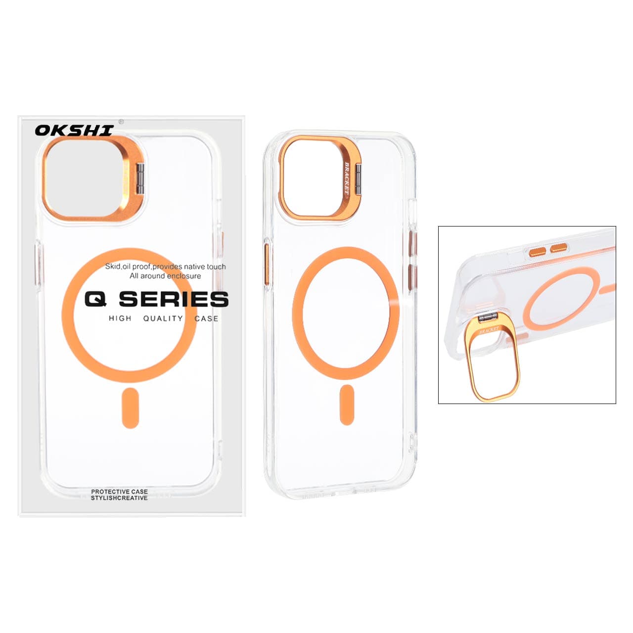 قاب اورجینال Q Series Bracket کریستالی Magsafe لنز استندشو Apple iPhone 13 / iPhone 14 – نارنجی (پک دار)