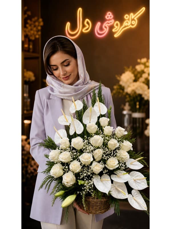 سبد گل روز زن برای مادر؛ سبد گل تبریک روز زن با ترکیب رز و لیسیانتوس