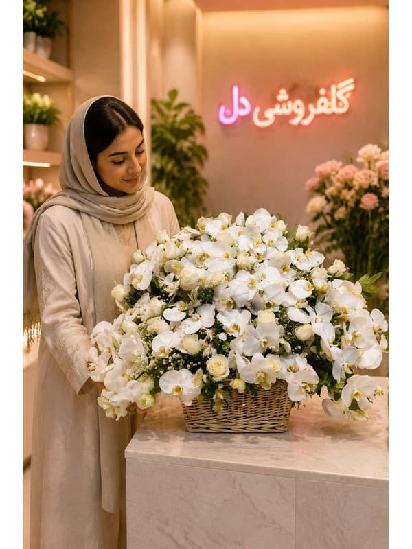 سبد گل روز زن با کارت تبریک برای هدیه و قدردانی