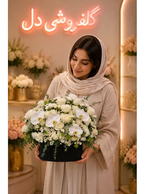 سبد گل روز حسابدار لوکس با طراحی رسمی و مناسب تبریک حرفه‌ای