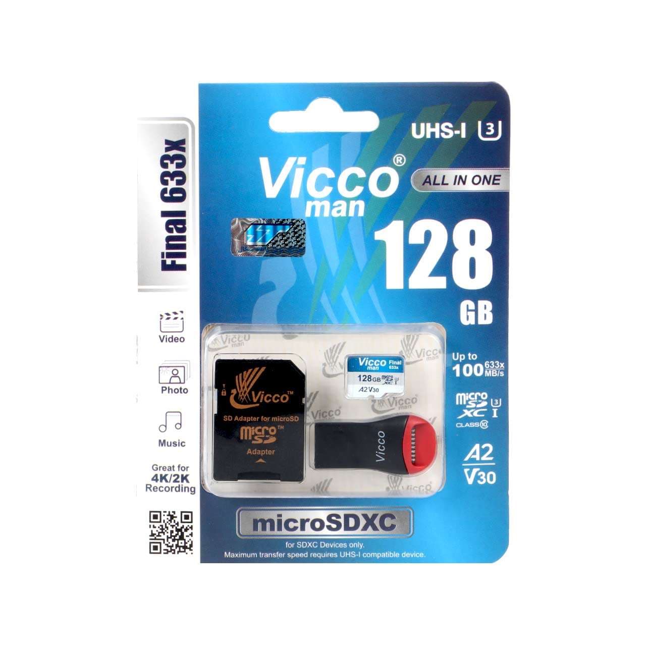 کارت حافظه micro SDXC ویکومن مدل 633X Plus کلاس 10 استاندارد UHS-I U3 سرعت 100MB/s ظرفیت 128 گیگابایت به همراه کارت خوان