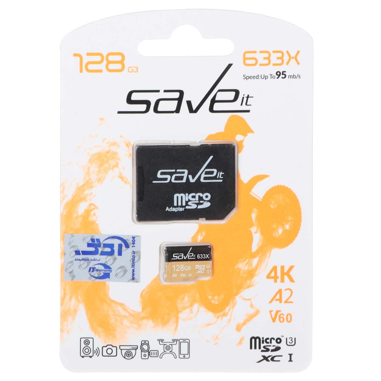 کارت حافظه Save it MICROSDHC مدل 633X کلاس U3 / 10 سرعت 95MB/s ظرفیت 128GB به همراه آداپتور – مشکی نارنجی (گارانتی مادام العمر شرکت آی تین)