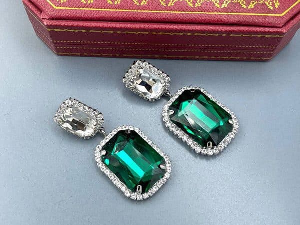 گوشواره با کریستال سبز و نگین کاری نقره ای