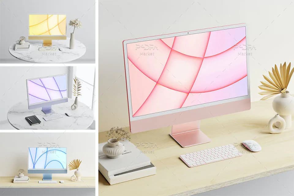 موکاپ آی مک M1 2021 اپل برای فتوشاپ iMac M1 Responsive Mockup
