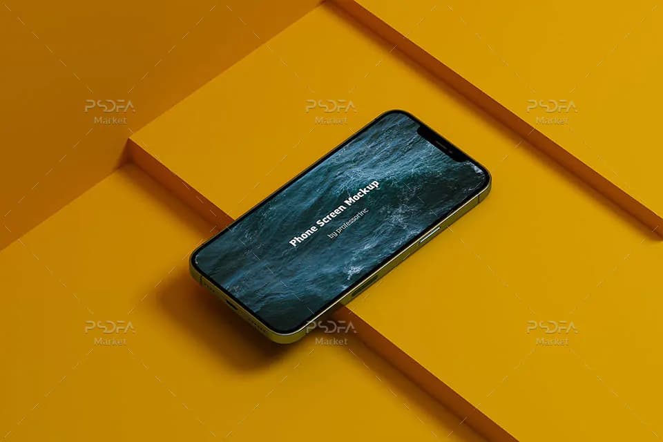 موکاپ گوشی آیفون در حالت افقی با تم زرد برای فتوشاپ — تصویر ۳