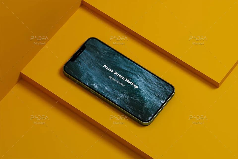 موکاپ گوشی آیفون در حالت افقی با تم زرد برای فتوشاپ — تصویر ۲