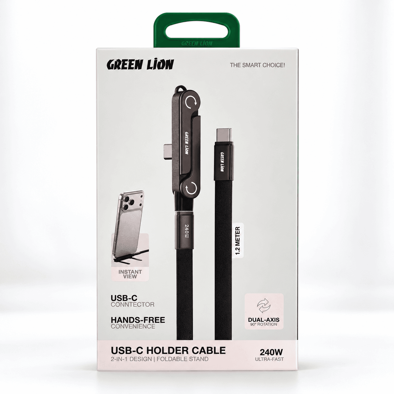 کابل شارژ دوسر تایپ سی استنددار گرین لاین (Green Lion) مدل USB-C Holder Cable توان 240 وات