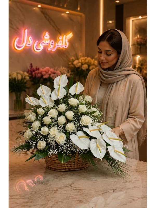 سبد گل روز پزشک با لیلیوم سفید برای تبریک و قدردانی
