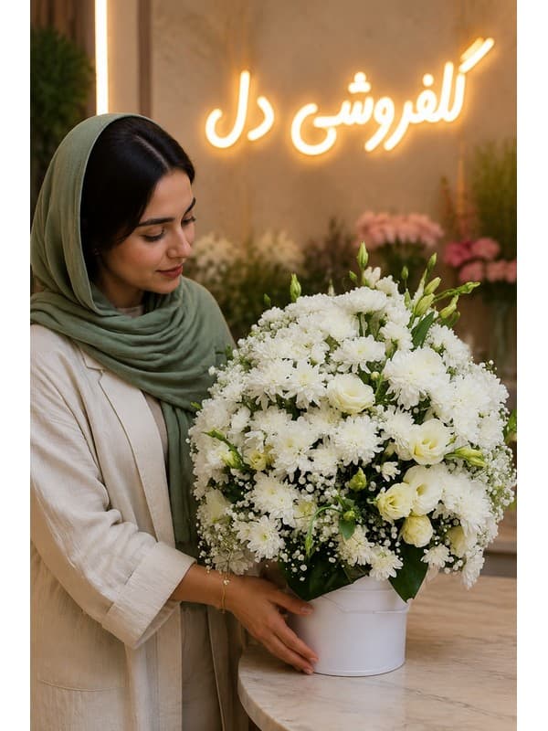 سبد گل تسلیت سفید و مشکی | گل فروشی آنلاین دل