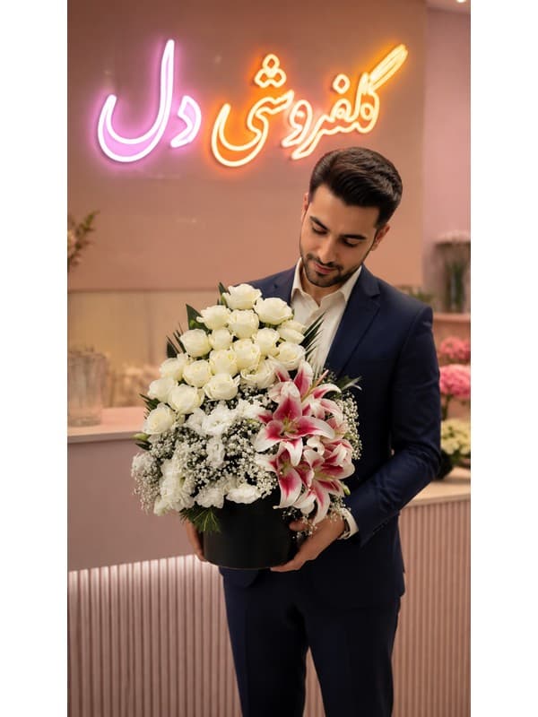 سبد گل تبریک زایمان با لیسیانتوس | هدیه تولد نوزاد