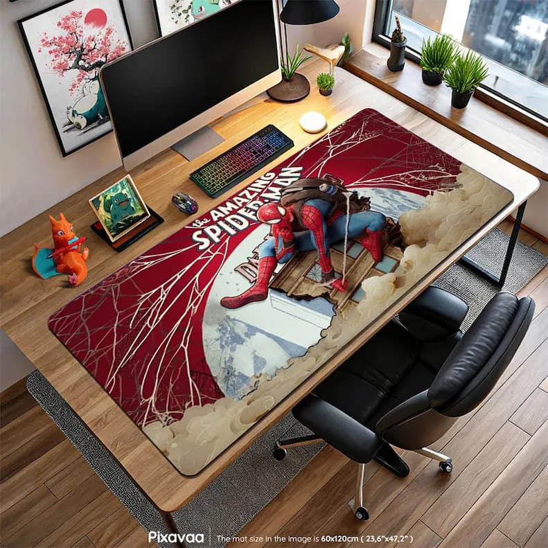 دسک پد فانتزی مرد عنکبوتی شگفتانگیز در حال خوردن برگر روی ساختمان (Spider-Man Eating Burger)