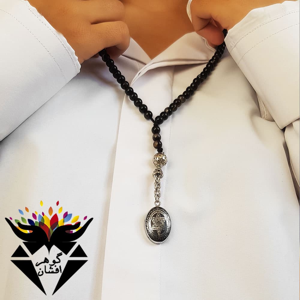 تسبیح و گردنبند عقیق و حدید با حکاکی ستاره سلیمان و هفت جلاله و عین علی T3130