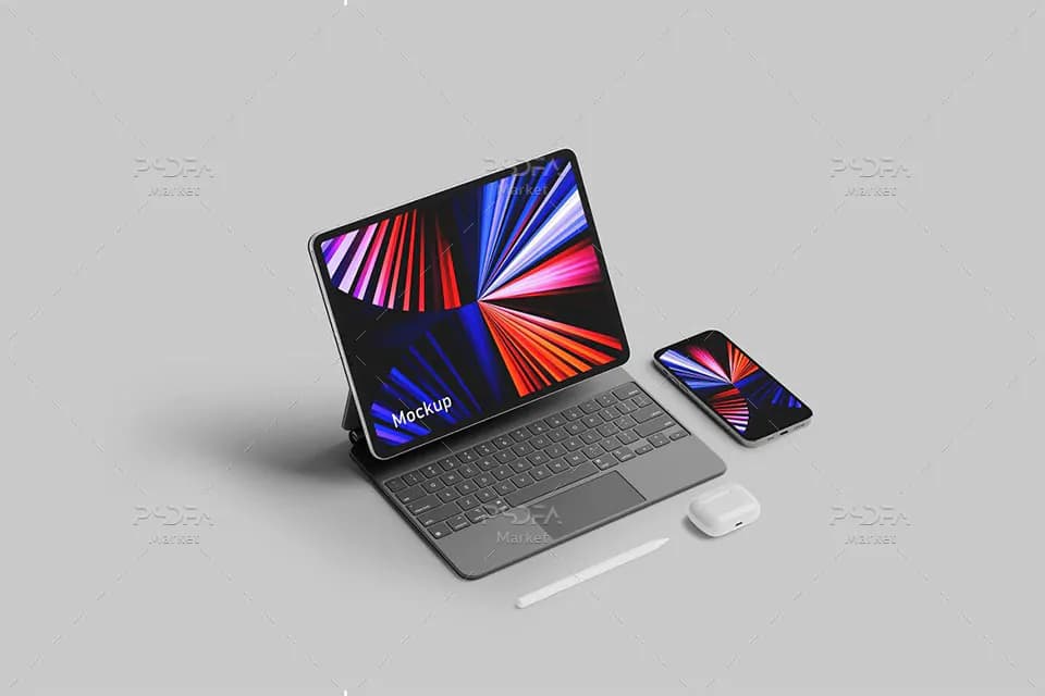 موکاپ آیپد پرو با آیفون 12 پرو در نماهای مختلف برای فتوشاپ — تصویر ۲