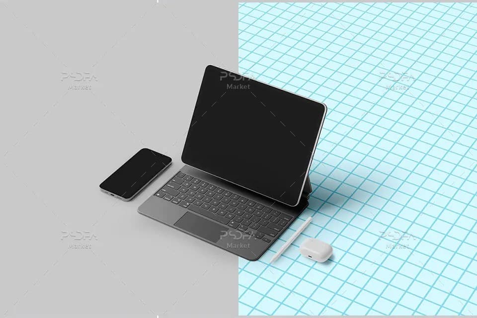 موکاپ آیپد پرو با آیفون 12 پرو در نماهای مختلف برای فتوشاپ — تصویر ۶