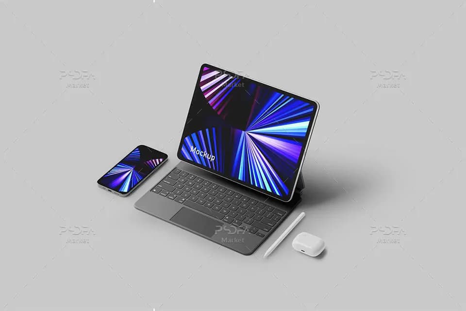 موکاپ آیپد پرو با آیفون 12 پرو در نماهای مختلف برای فتوشاپ — تصویر ۳