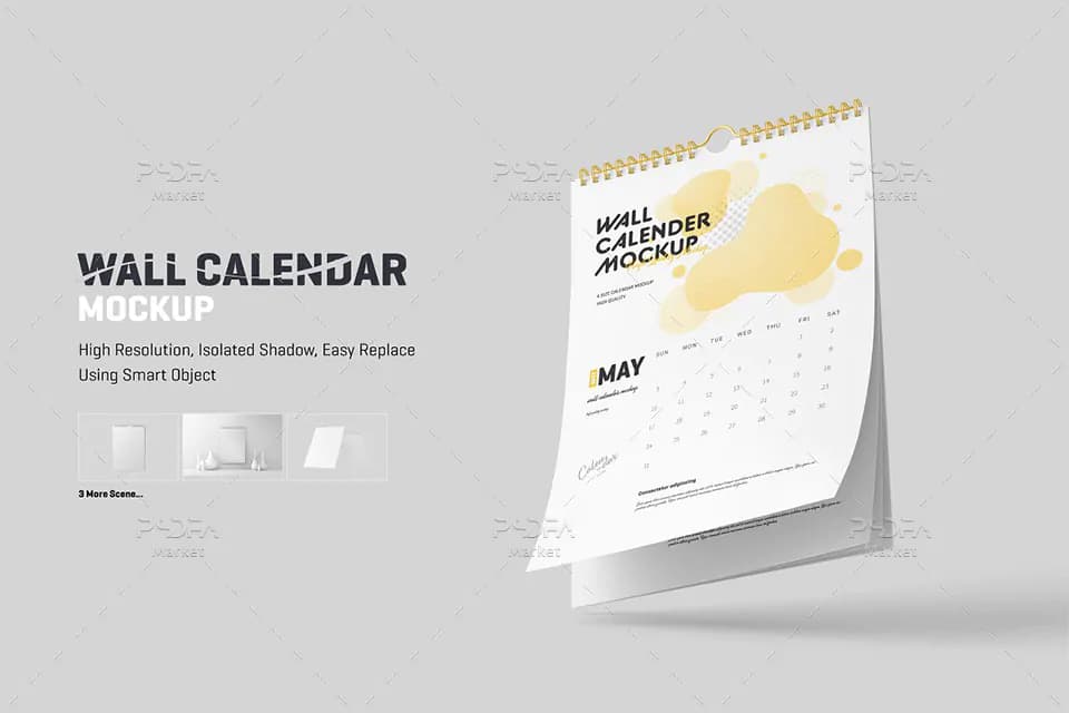 موکاپ تقویم دیواری در نماهای مختلف قابل ویرایش در فتوشاپ