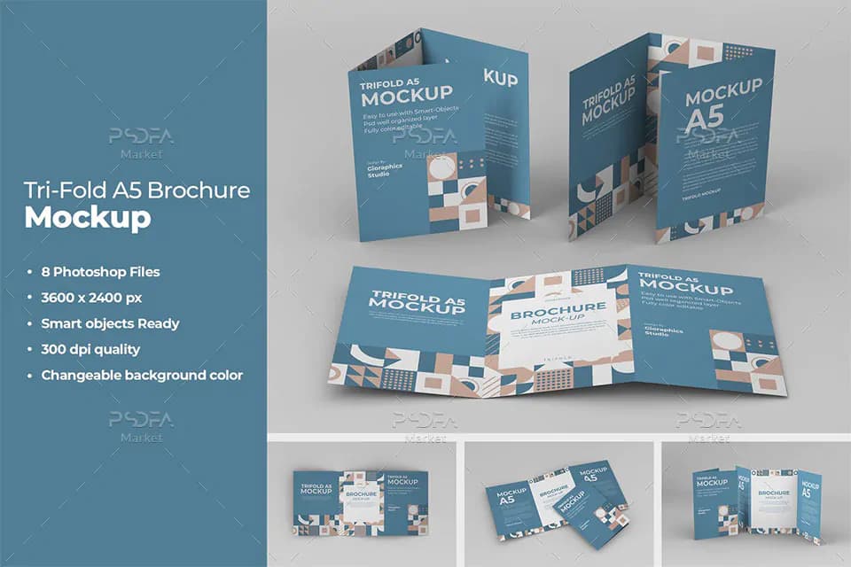 موکاپ بروشور سه لتی A5 در حالت و نماهای مختلف برای فتوشاپ