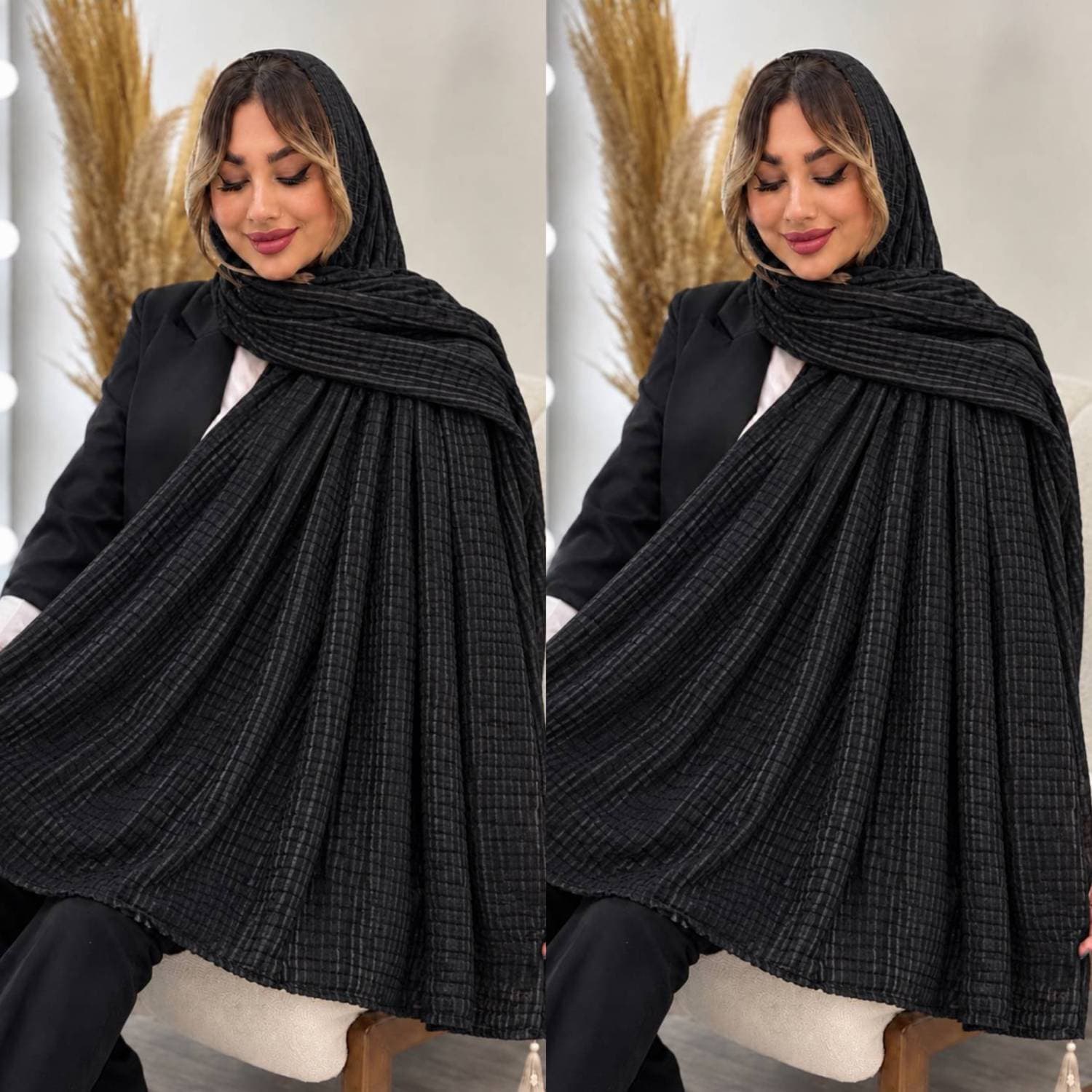 شال زنانه موهر دار حصیری ذغالی سایز 70×175 (کد: 28090)