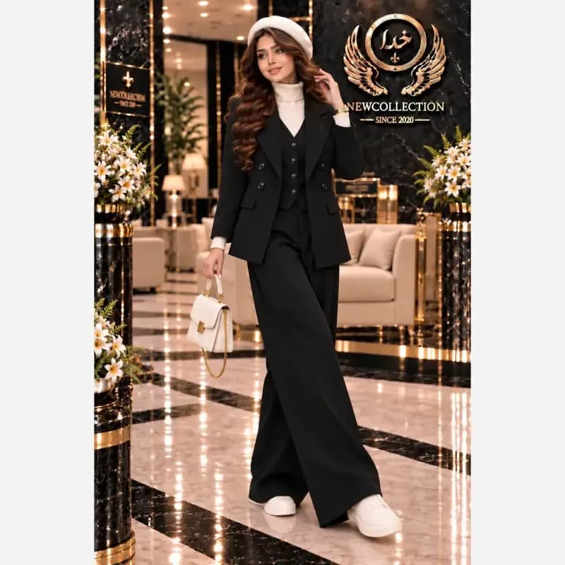 ست سه تیکه پاییزه کلمبیایی کت و جلیقه و شلوار سوپرمازراتی اعلا مشکی نسکافه ای فری سایز — تصویر ۳