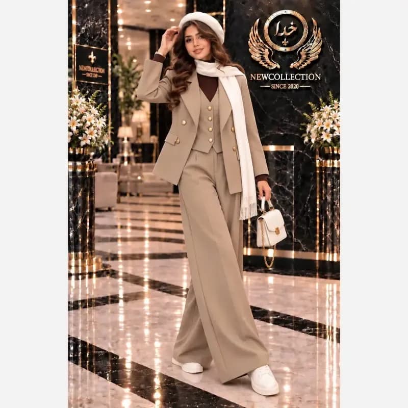 ست سه تیکه پاییزه کلمبیایی کت و جلیقه و شلوار سوپرمازراتی اعلا مشکی نسکافه ای فری سایز — تصویر ۲