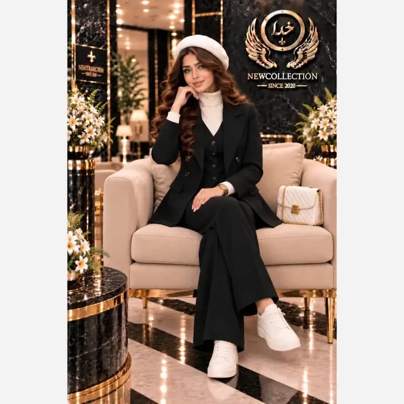 ست سه تیکه پاییزه کلمبیایی کت و جلیقه و شلوار سوپرمازراتی اعلا مشکی نسکافه ای فری سایز
