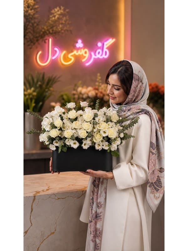 سبد گل بله برون لوکس با ارکیده و رز سفید
