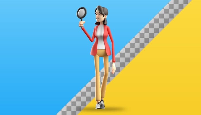 تصویر PNG کاراکتر سه بعدی دختر جوان با ذره بین